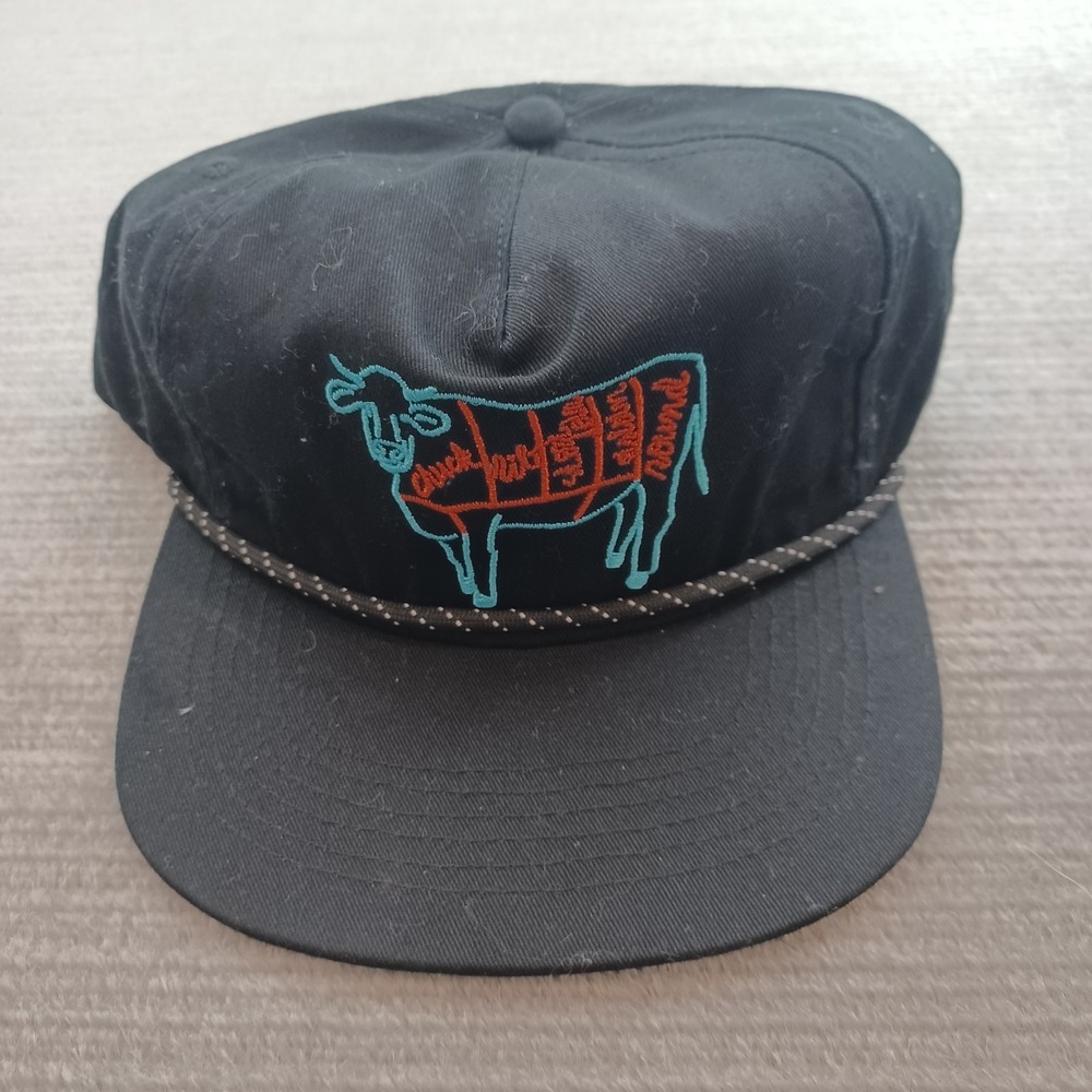 Raised By Coyotes Snapback Rope Trucker Hat Embroidered Butcher Cow Graphic